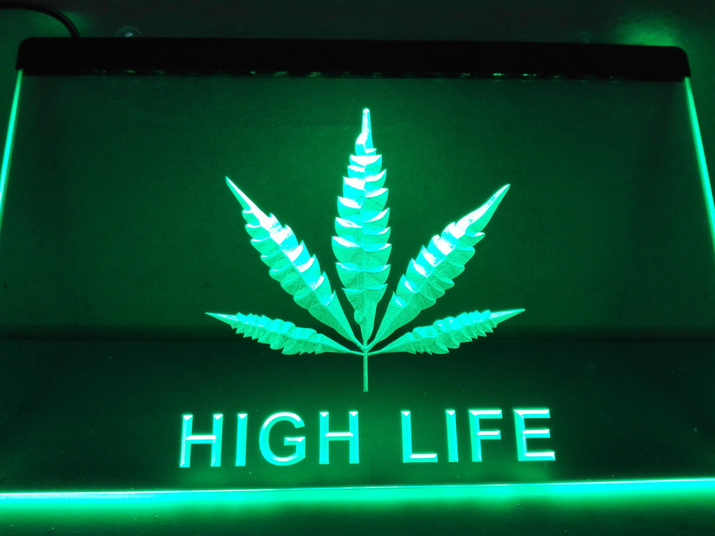 Hemp Leaf High Life NR LED Sign - Green - TheLedHeroes