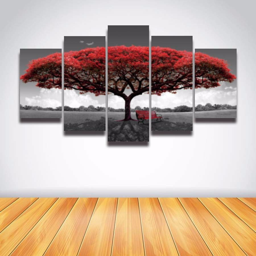 Red Wooden Art Landscape 5 Pcs Wall Canvas -  - TheLedHeroes